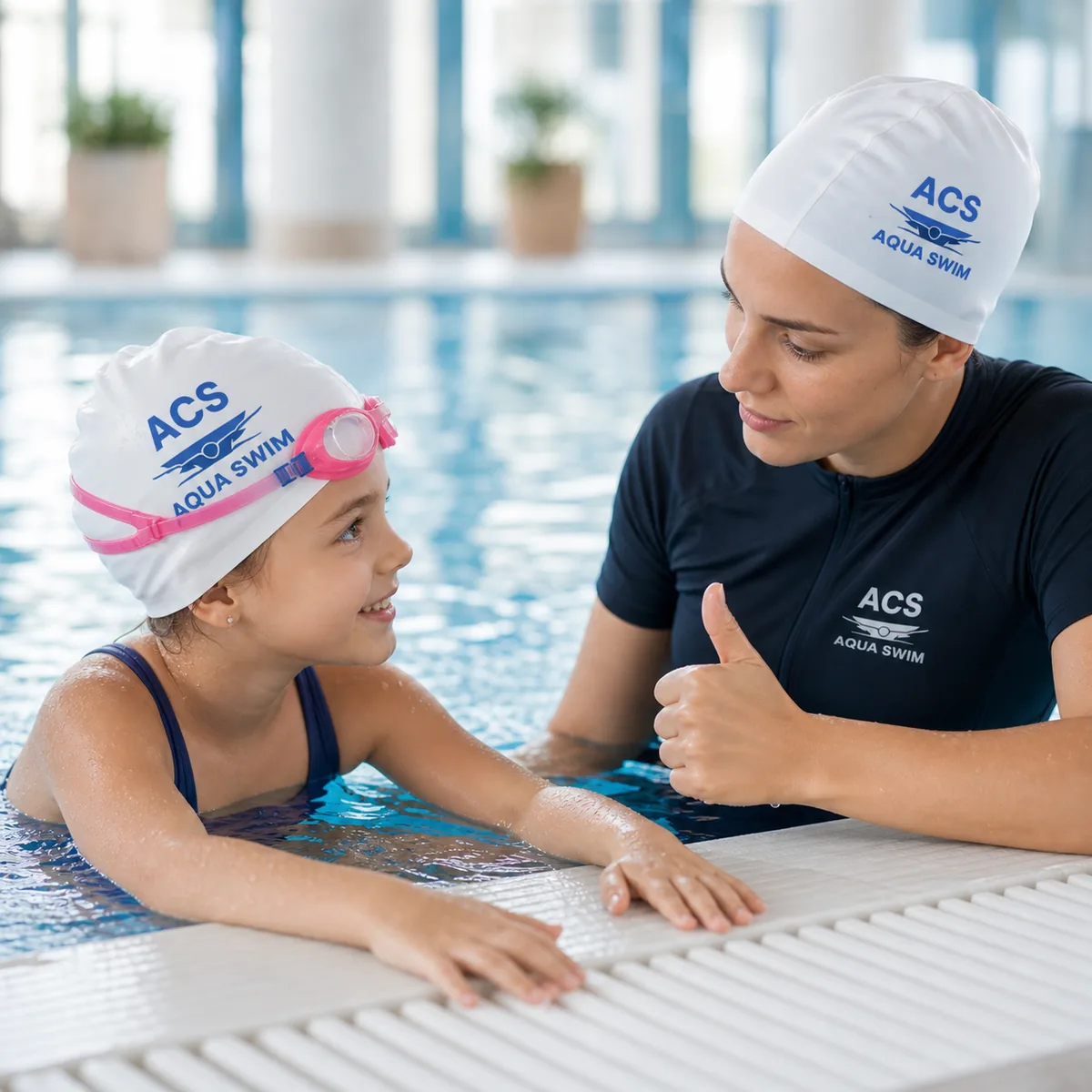 Antrenor Aqua Swim oferind feedback unui copil la cursuri de inot