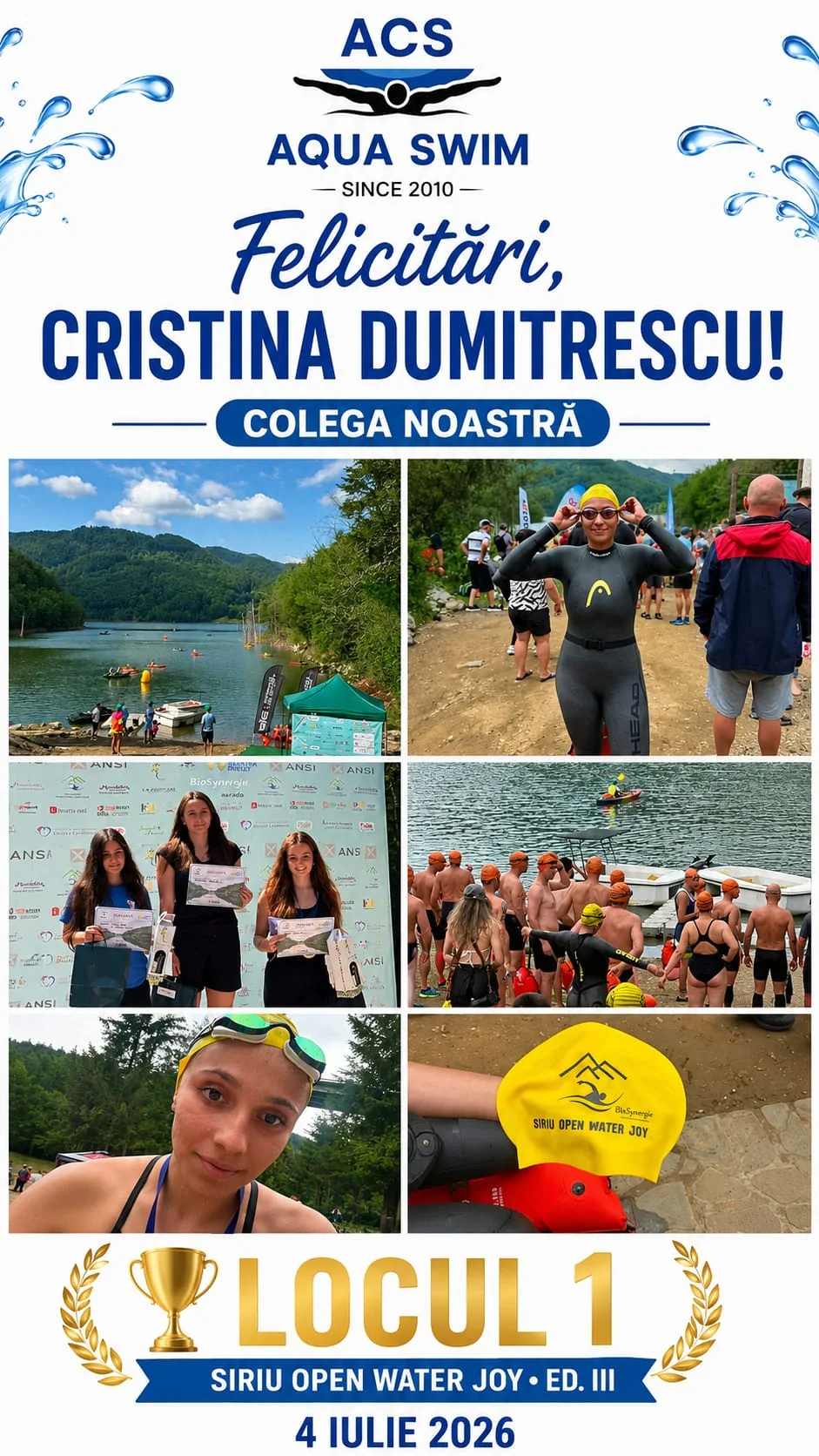 Colaj Aqua Swim cu Cristina Dumitrescu, câștigătoarea categoriei 18–29 ani la Siriu Open Water Joy 2026