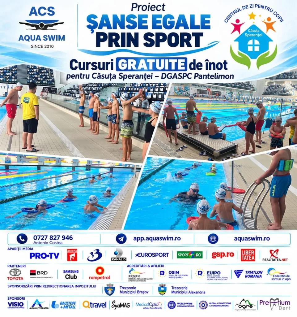 Afișul Aqua Swim pentru cursurile gratuite de înot ale Căsuței Speranței la Otopeni